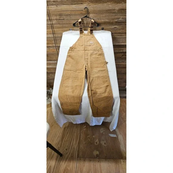 Carhartt Mens Duck Bib Overalls Double Knee Work Pants Brown R01 BRN 30 Inseam - Picture 2 of 9